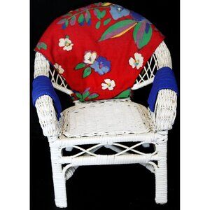 Vtg Wicker Baby Doll Bear Display Patio Chair Plant Stand Fabric Cover